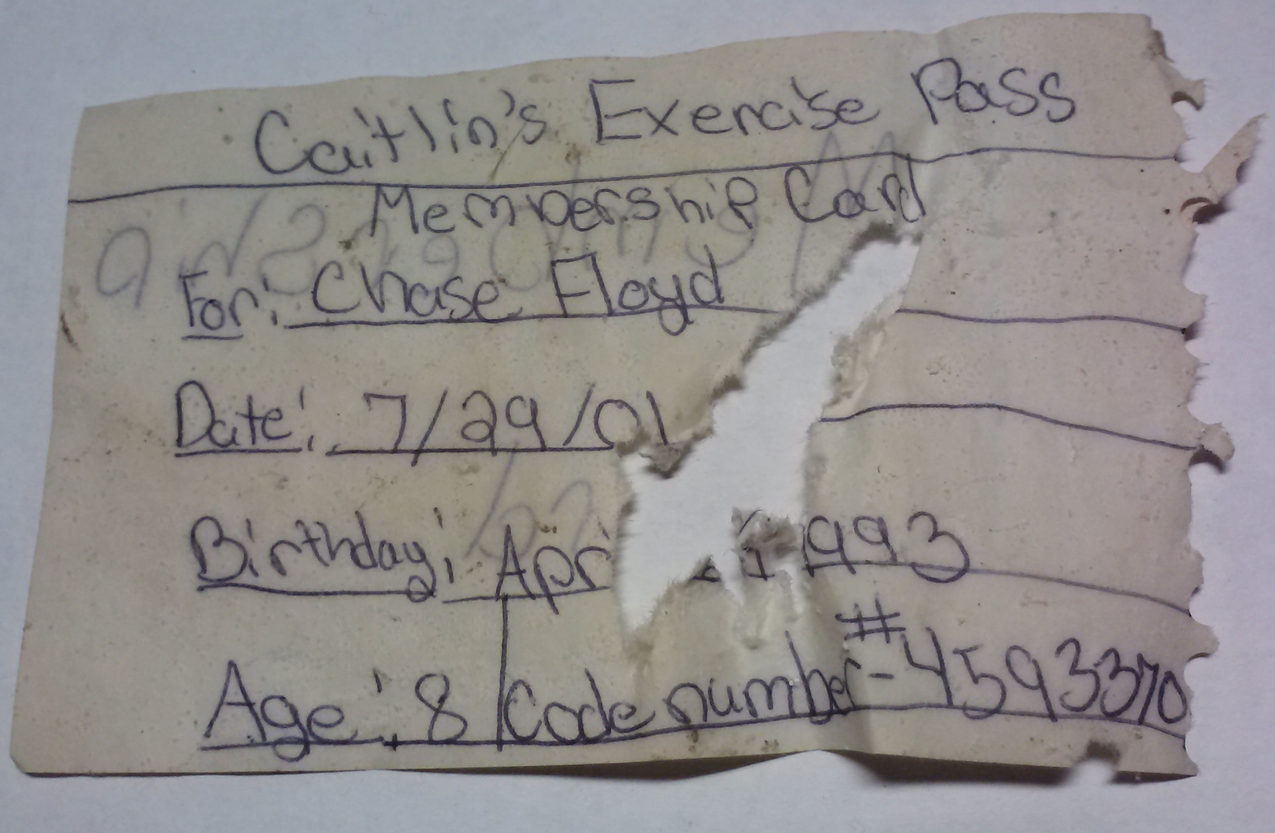 Caitlin's Exercise Pass Membership Card!